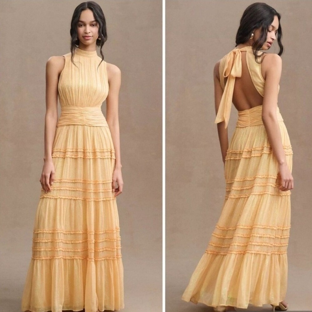 BHLDN Juniper Yellow Metallic Shimmer Tiered Ruffle Maxi Dress Open Back Gown 12